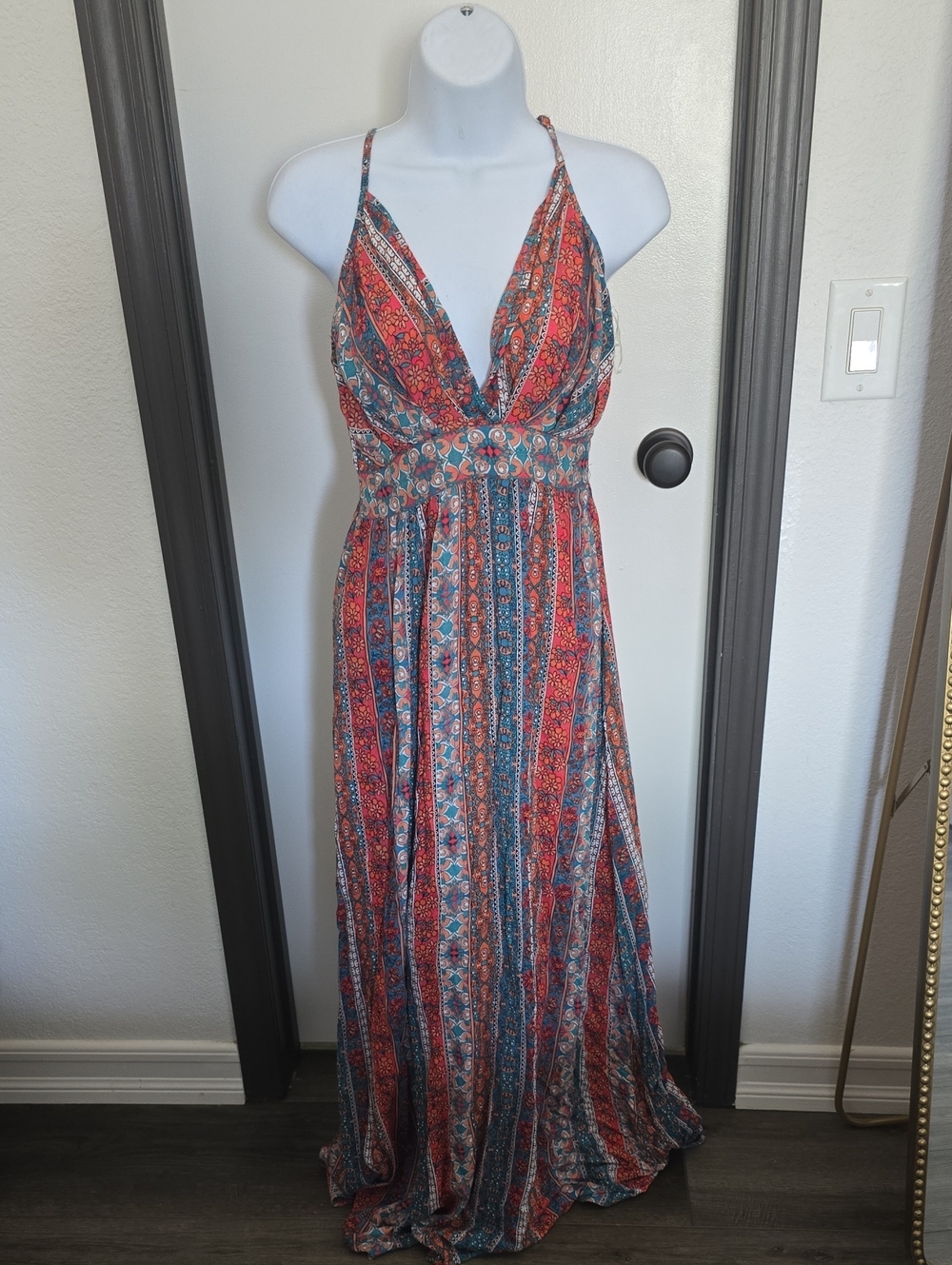Boho Maxi Dress with Red & Teal Pattern